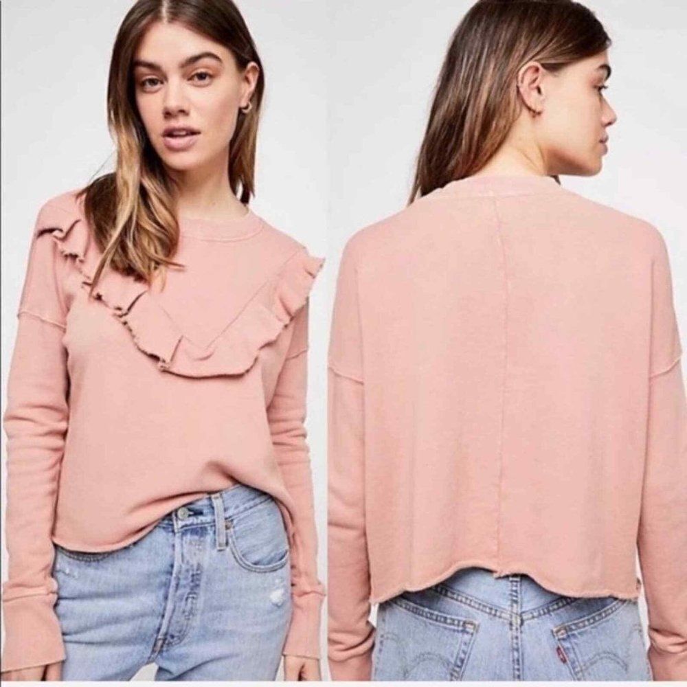 Free People Dusty Pink Ruffle-Trim Sweatshirt
